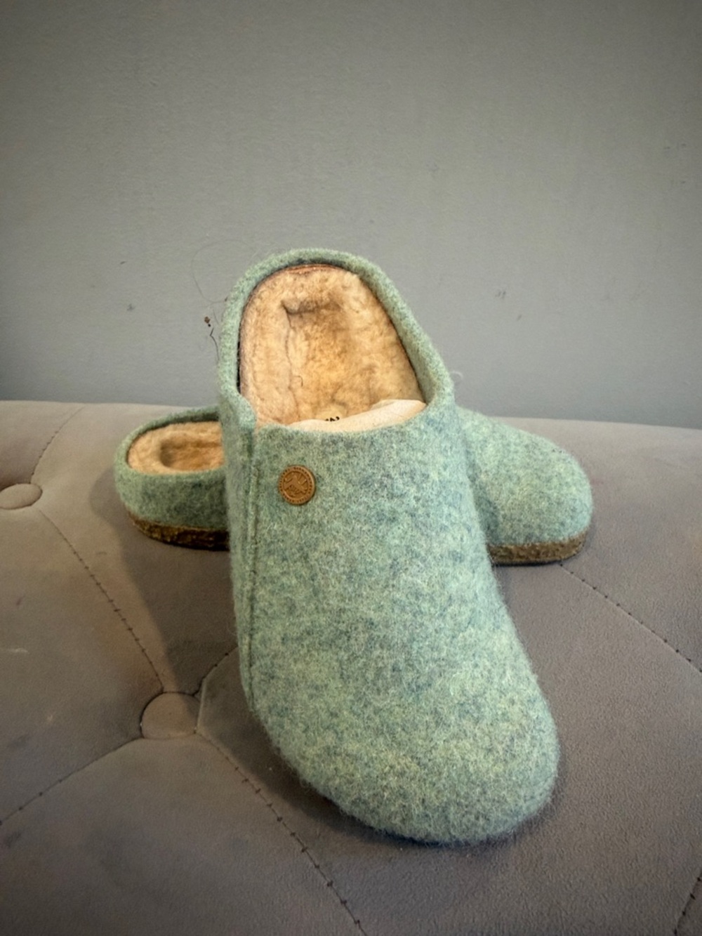 Birkenstock Kids Light Green Wool Clog Slippers